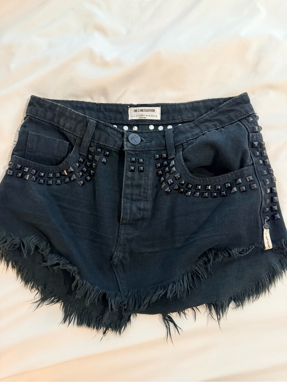 One Teaspoon Black Frayed Studded Denim Mini Skirt
